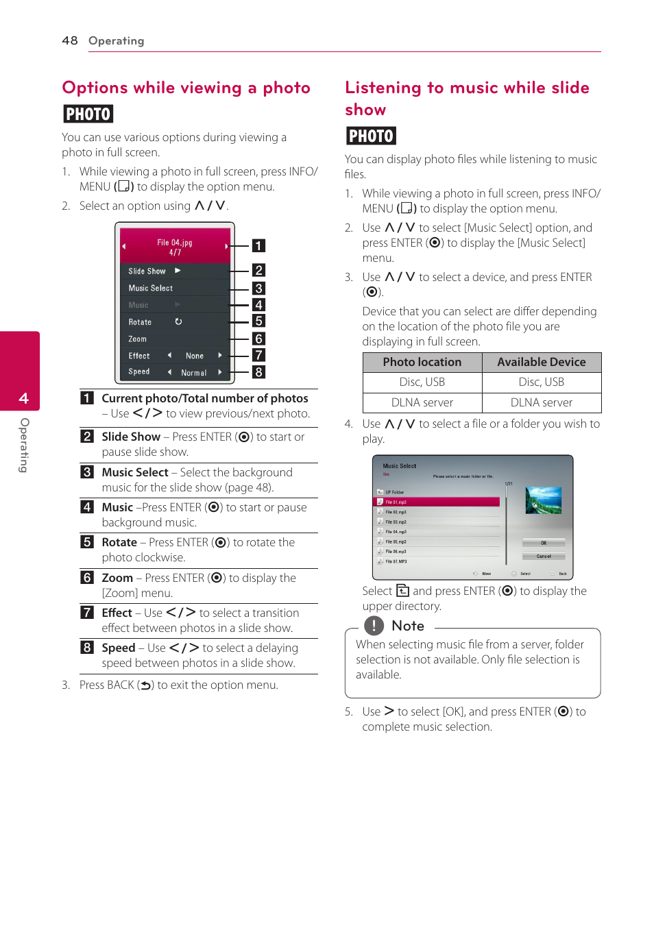 Options while viewing a photo, Listening to music while slide show, Options while viewing a photo i | Listening to music while slide show i | LG BH6720S User Manual | Page 48 / 75
