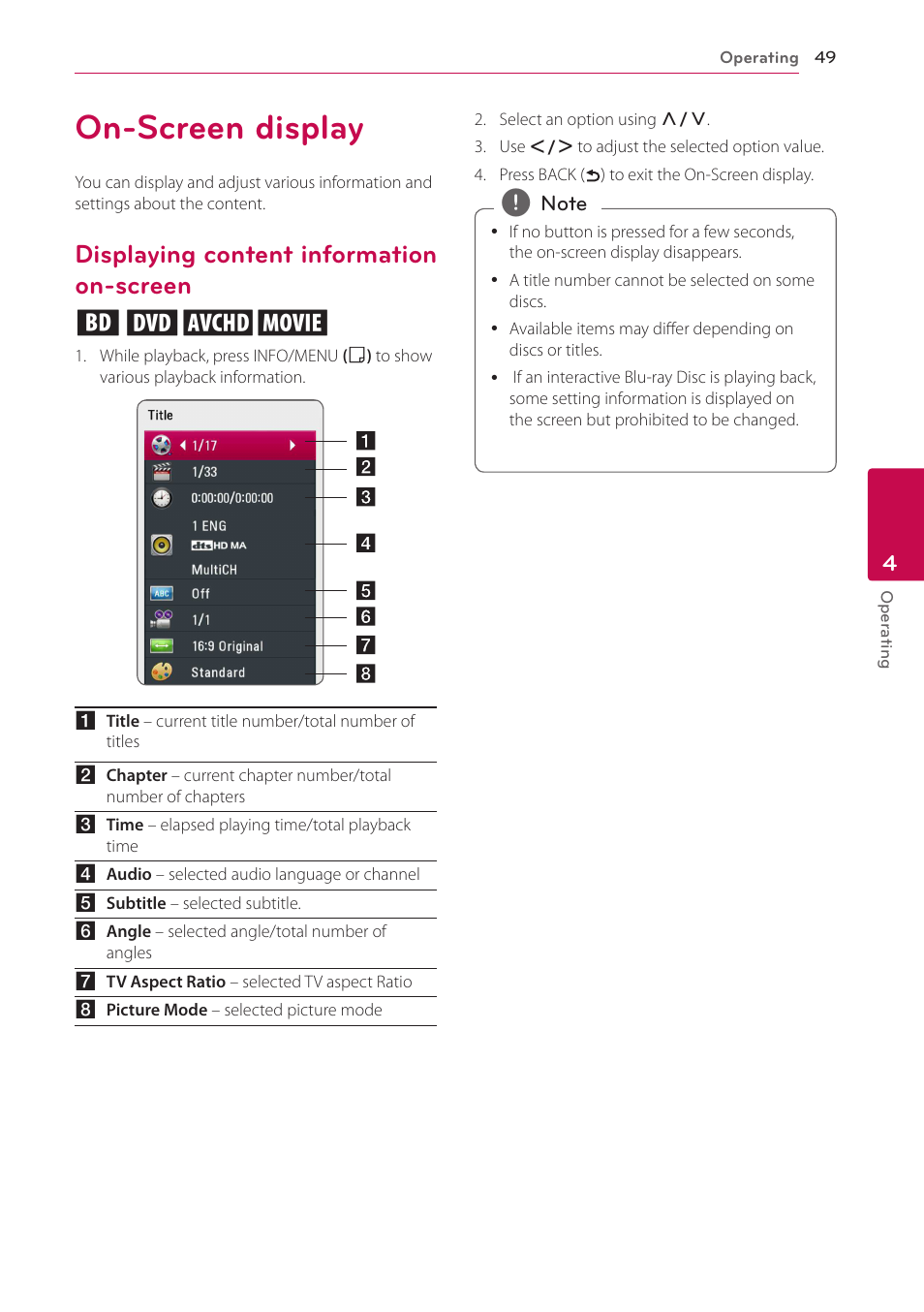 On-screen display, Displaying content information on-screen, Screen | Displaying content information on-screen eroy | LG BH6720S User Manual | Page 49 / 75