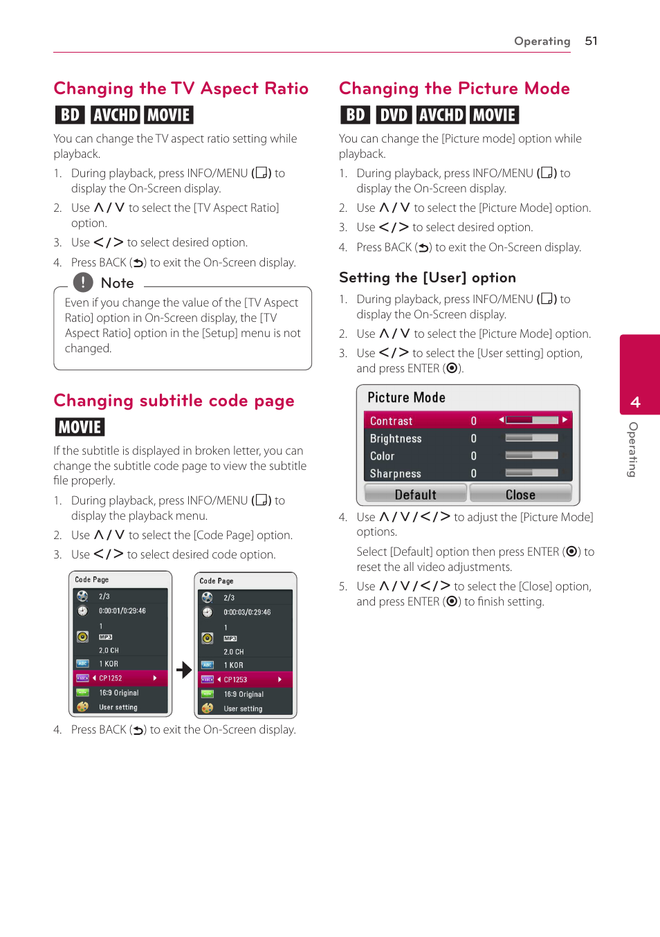 Changing the tv aspect ratio, Changing the picture mode, Changing the tv aspect ratio eoy | Changing subtitle code page y, Changing the picture mode eroy | LG BH6720S User Manual | Page 51 / 75