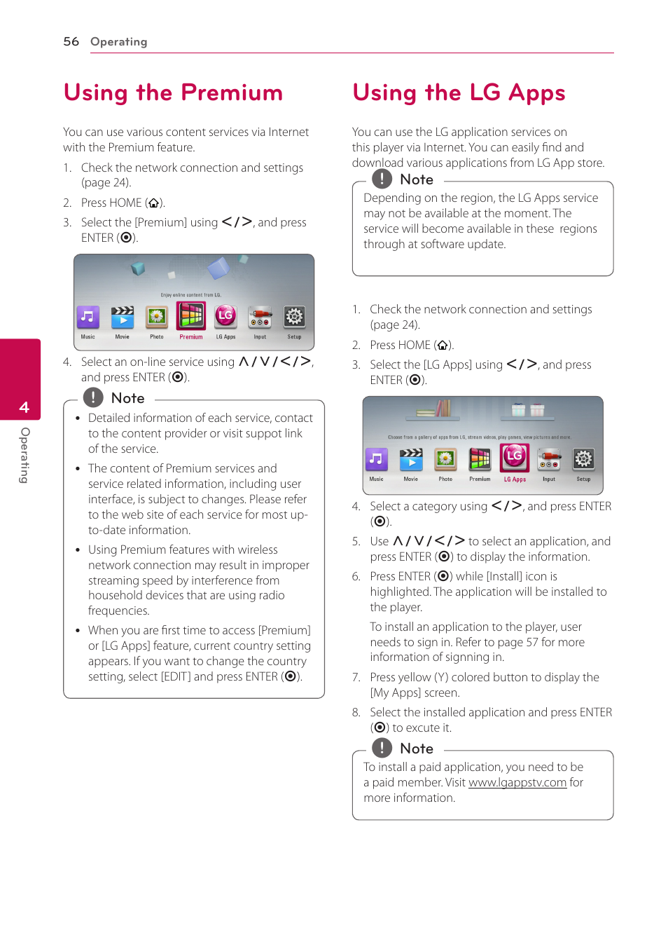 Using the premium, Using the lg apps, 56 using the premium 56 using the lg apps | LG BH6720S User Manual | Page 56 / 75