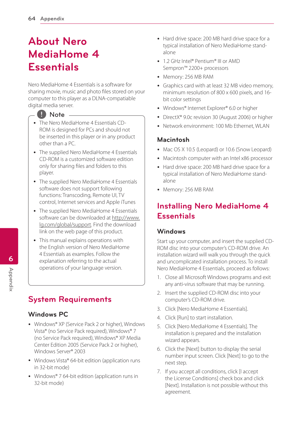 About nero mediahome 4 essentials, System requirements, Installing nero mediahome 4 essentials | Essentials | LG BH6720S User Manual | Page 64 / 75