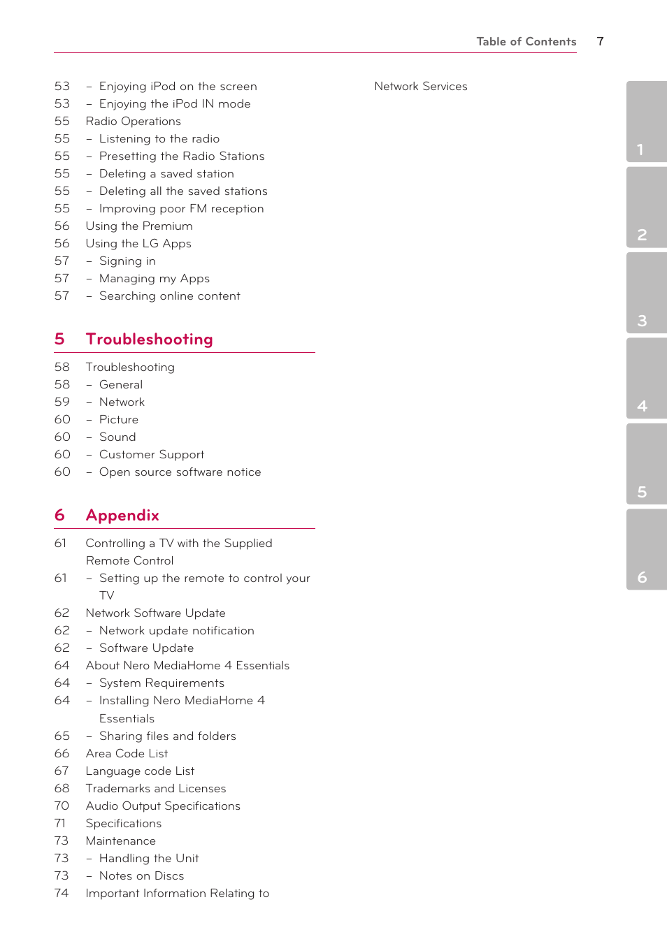 5 troubleshooting, 6 appendix | LG BH6720S User Manual | Page 7 / 75