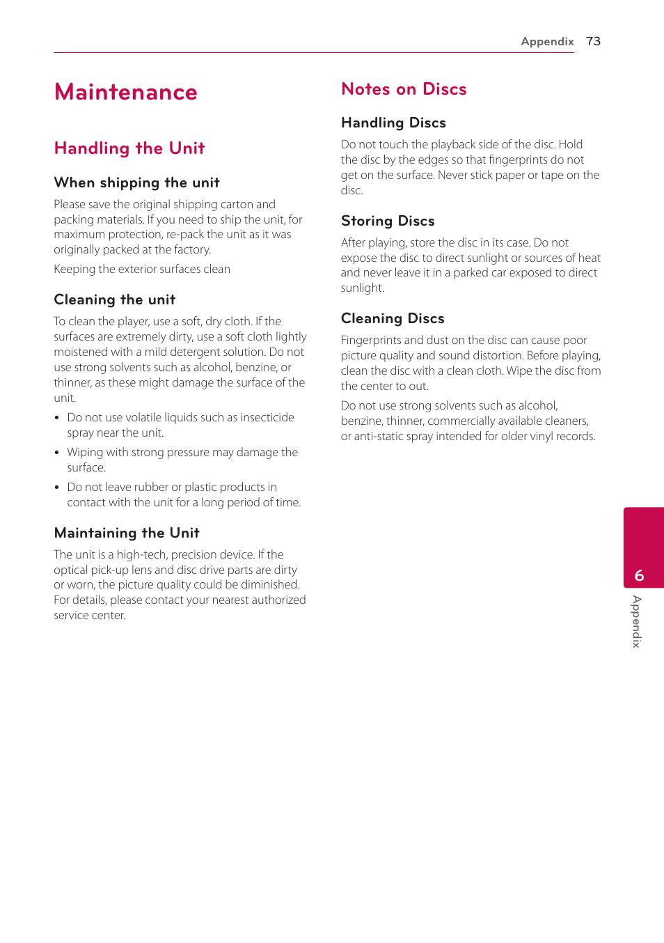 Maintenance, Handling the unit, Notes on discs | LG BH6720S User Manual | Page 73 / 75