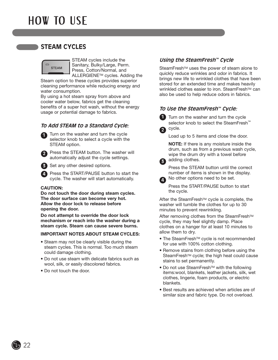 H o w to u s e, Steam cycles | LG WM3001HWA User Manual | Page 22 / 72