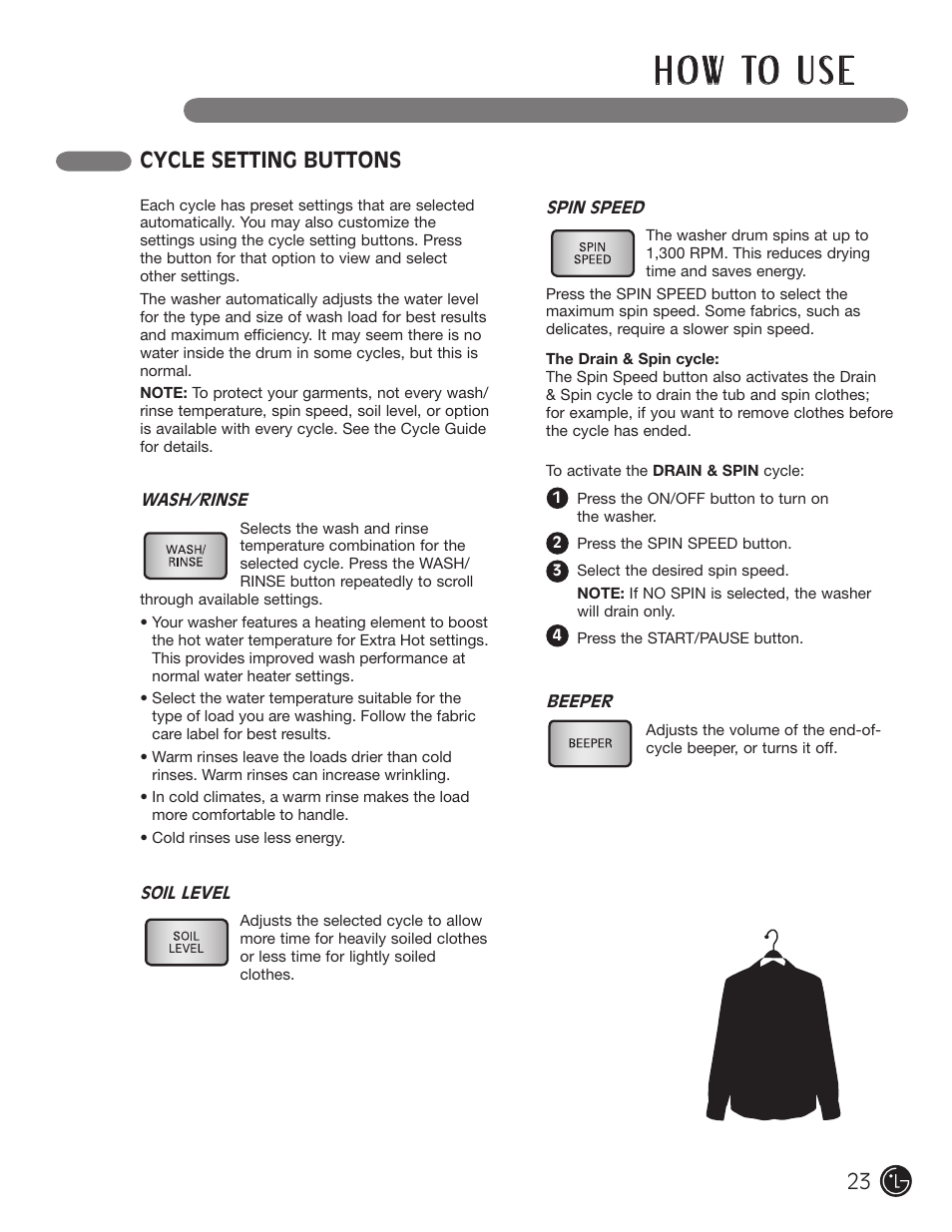 H o w to u s e, Cycle setting buttons | LG WM3001HWA User Manual | Page 23 / 72