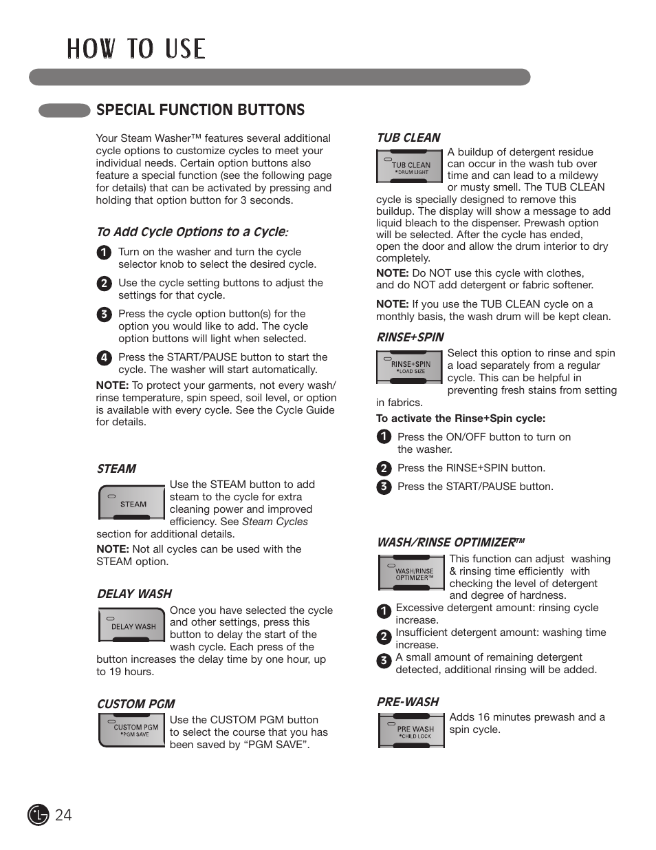 H o w to u s e, Special function buttons | LG WM3001HWA User Manual | Page 24 / 72