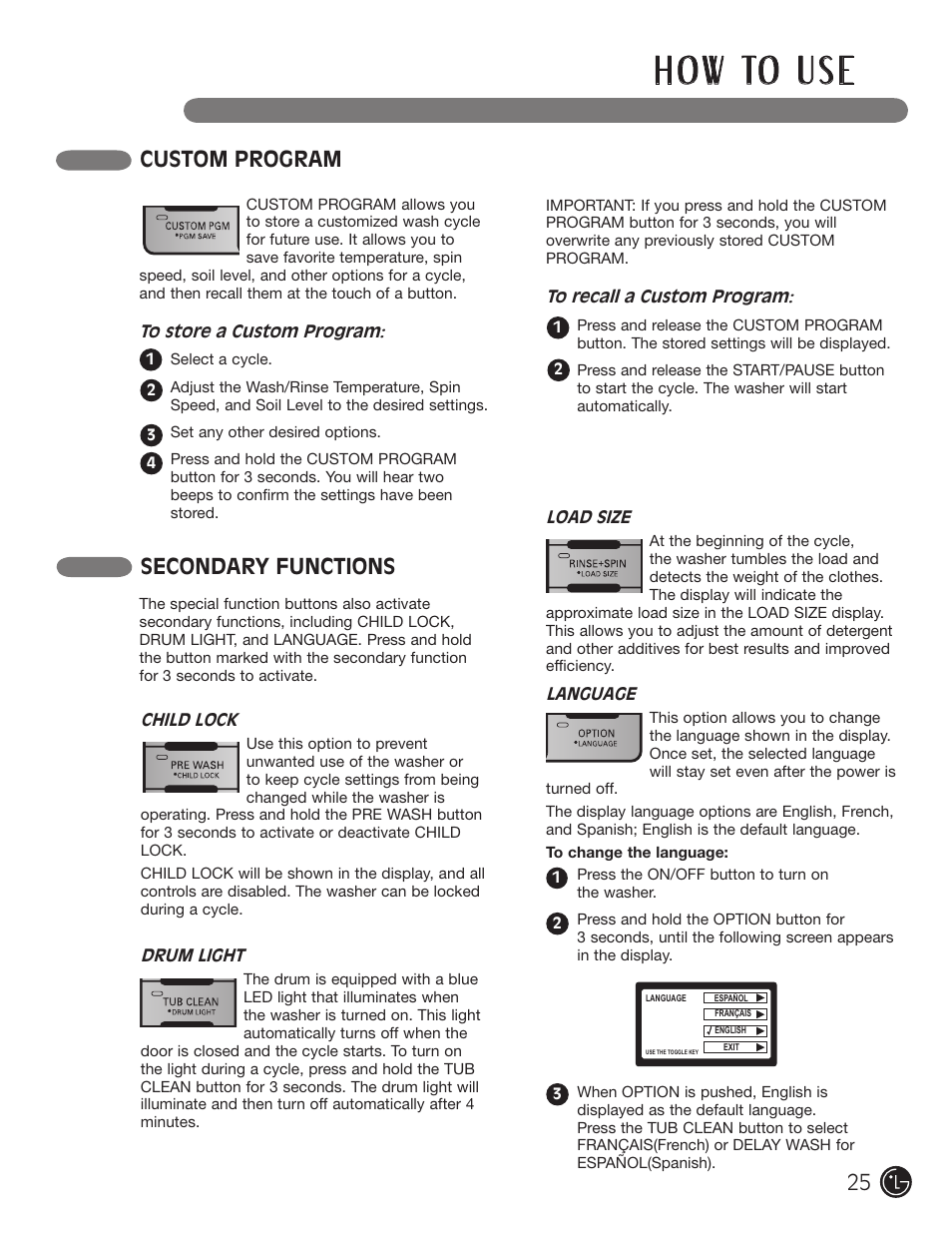 H o w to u s e, Secondary functions, Custom program | LG WM3001HWA User Manual | Page 25 / 72