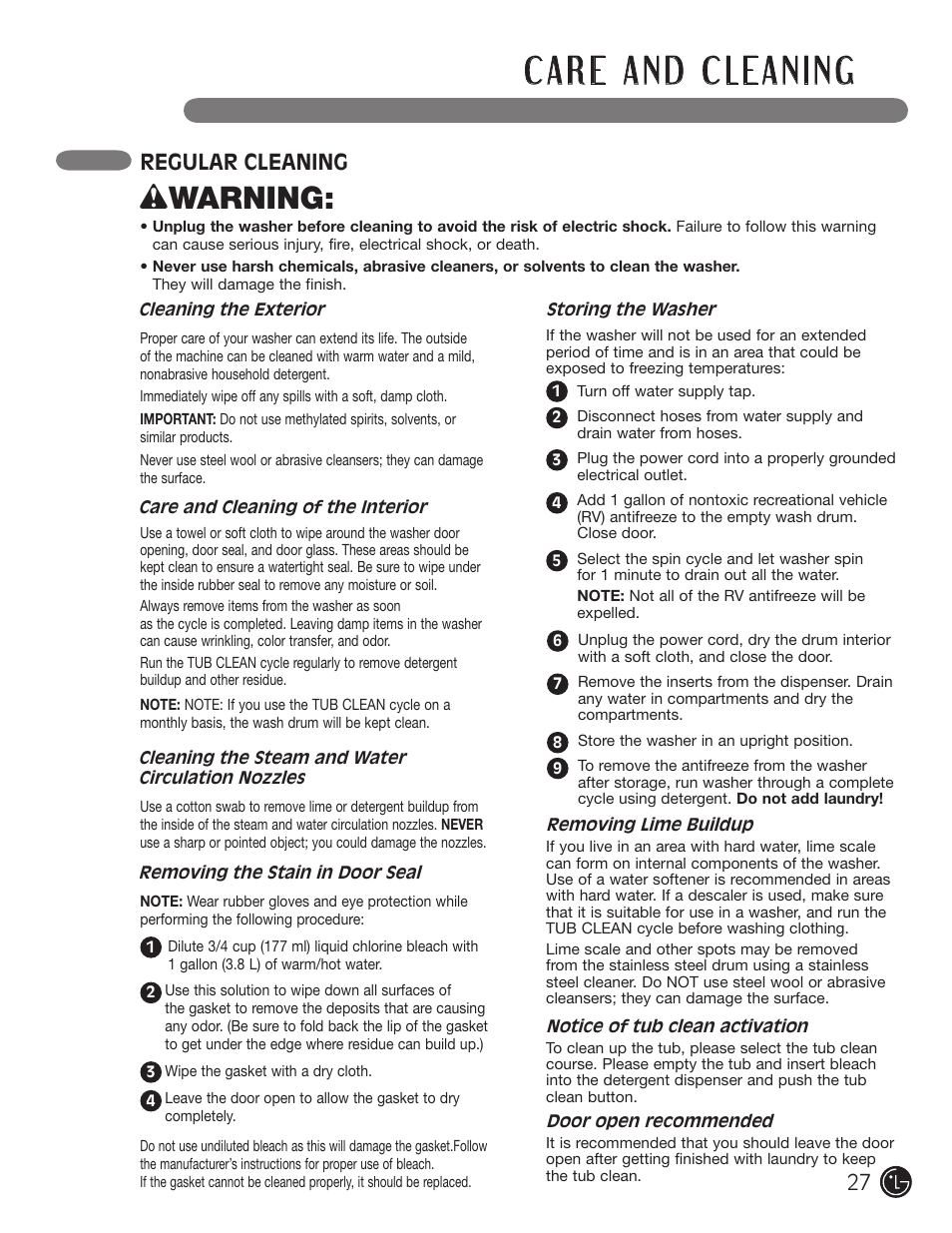 Wwarning, Regular cleaning | LG WM3001HWA User Manual | Page 27 / 72