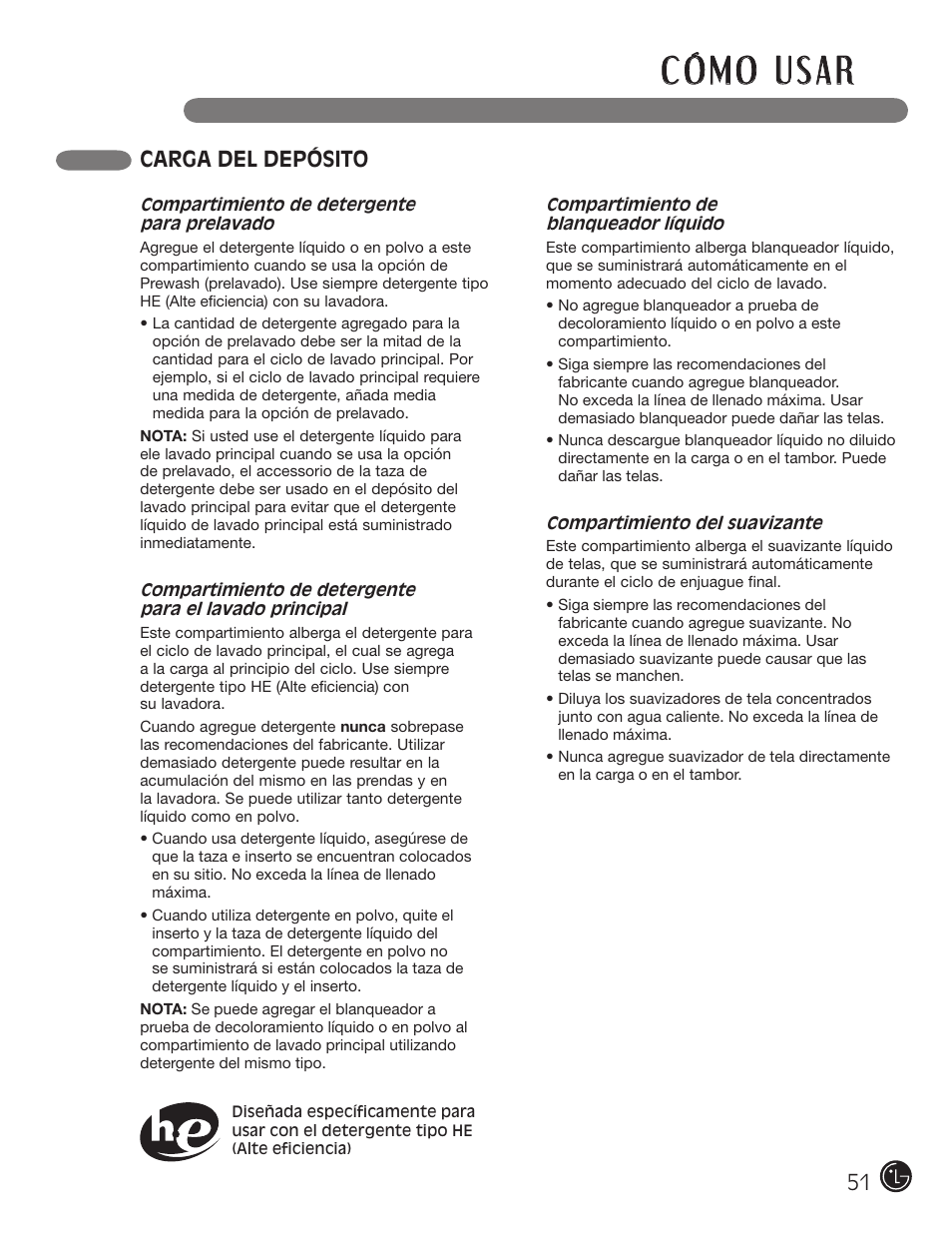 Carga del depósito | LG WM3001HWA User Manual | Page 51 / 72