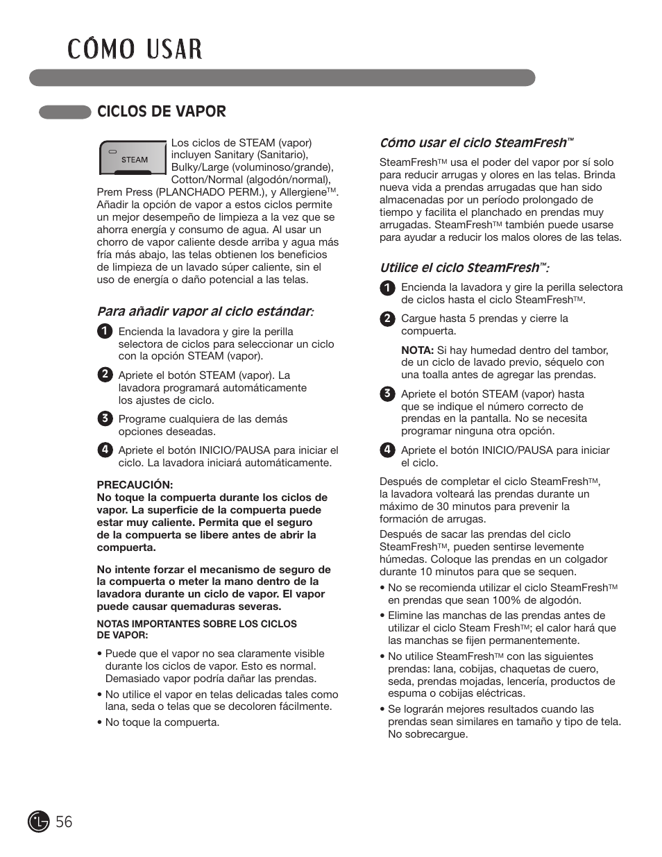 Ciclos de vapor | LG WM3001HWA User Manual | Page 56 / 72