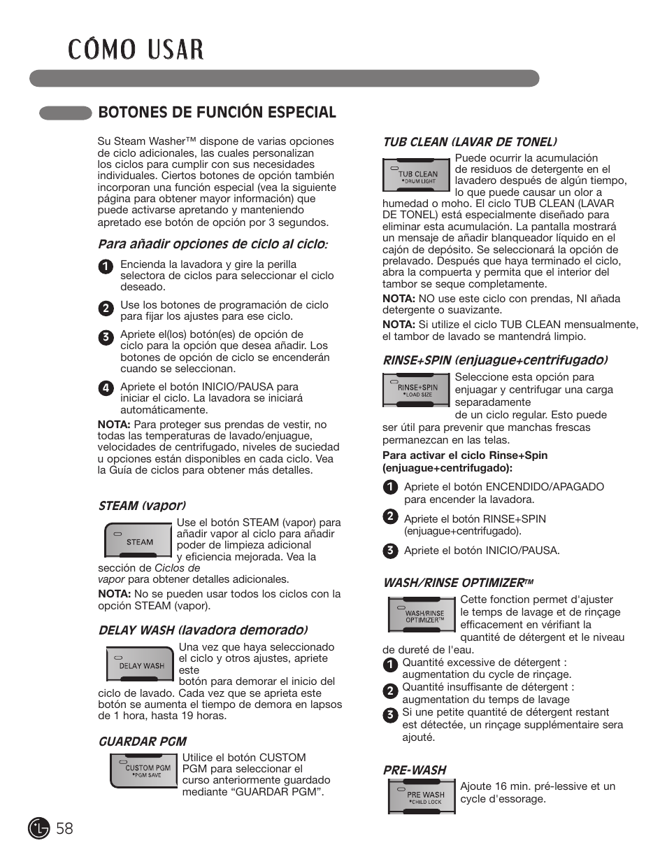 Botones de función especial | LG WM3001HWA User Manual | Page 58 / 72