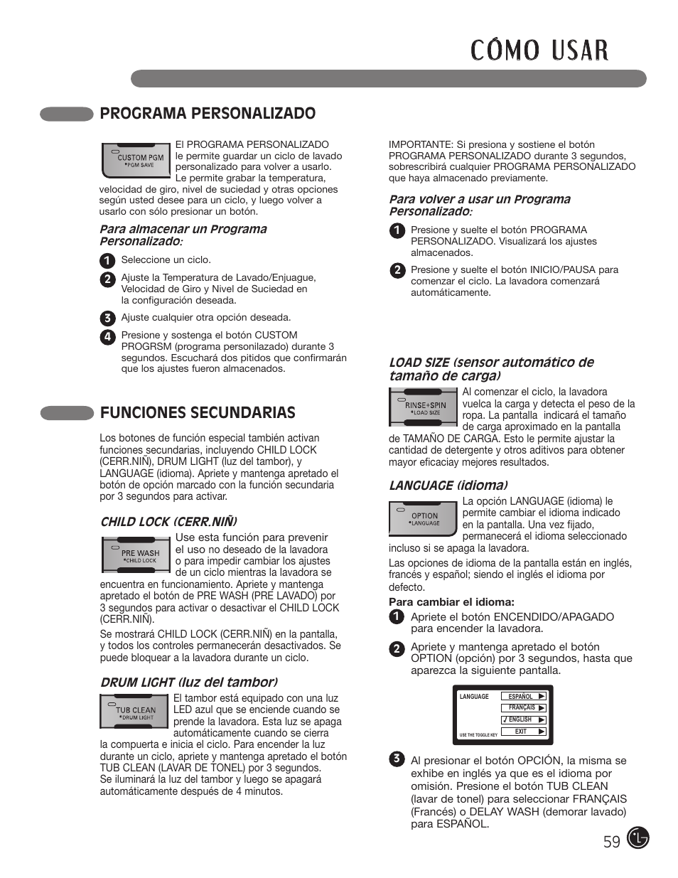 Programa personalizado, Funciones secundarias | LG WM3001HWA User Manual | Page 59 / 72