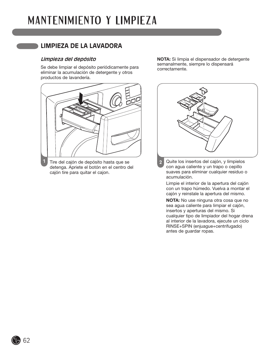 Limpieza de la lavadora | LG WM3001HWA User Manual | Page 62 / 72