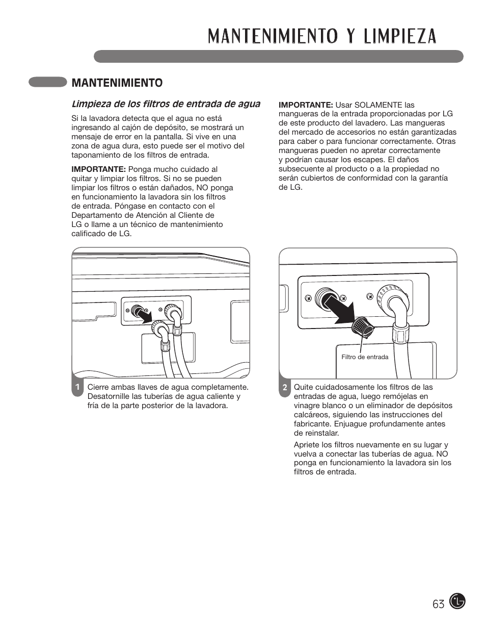 Mantenimiento | LG WM3001HWA User Manual | Page 63 / 72
