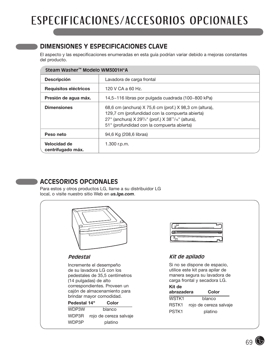 Dimensiones y especificaciones clave, Accesorios opcionales | LG WM3001HWA User Manual | Page 69 / 72