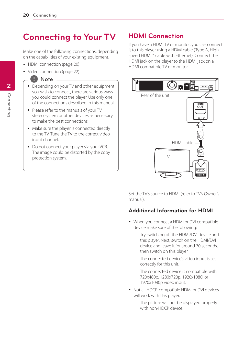 Connecting to your tv, Hdmi connection, 20 connecting to your tv 20 – hdmi connection | LG BH6820SW User Manual | Page 20 / 77