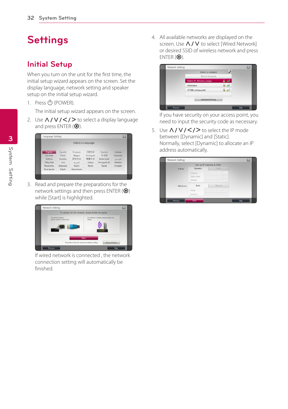 3 system setting, Settings, Initial setup | 32 settings 32 – initial setup | LG BH6820SW User Manual | Page 32 / 77