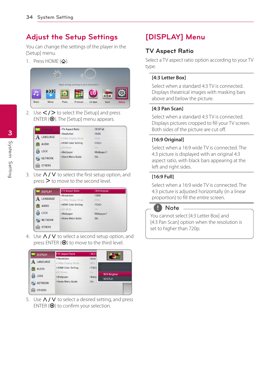 Adjust the setup settings, Display] menu, 34 – adjust the setup settings 34 – [display] menu | LG BH6820SW User Manual | Page 34 / 77