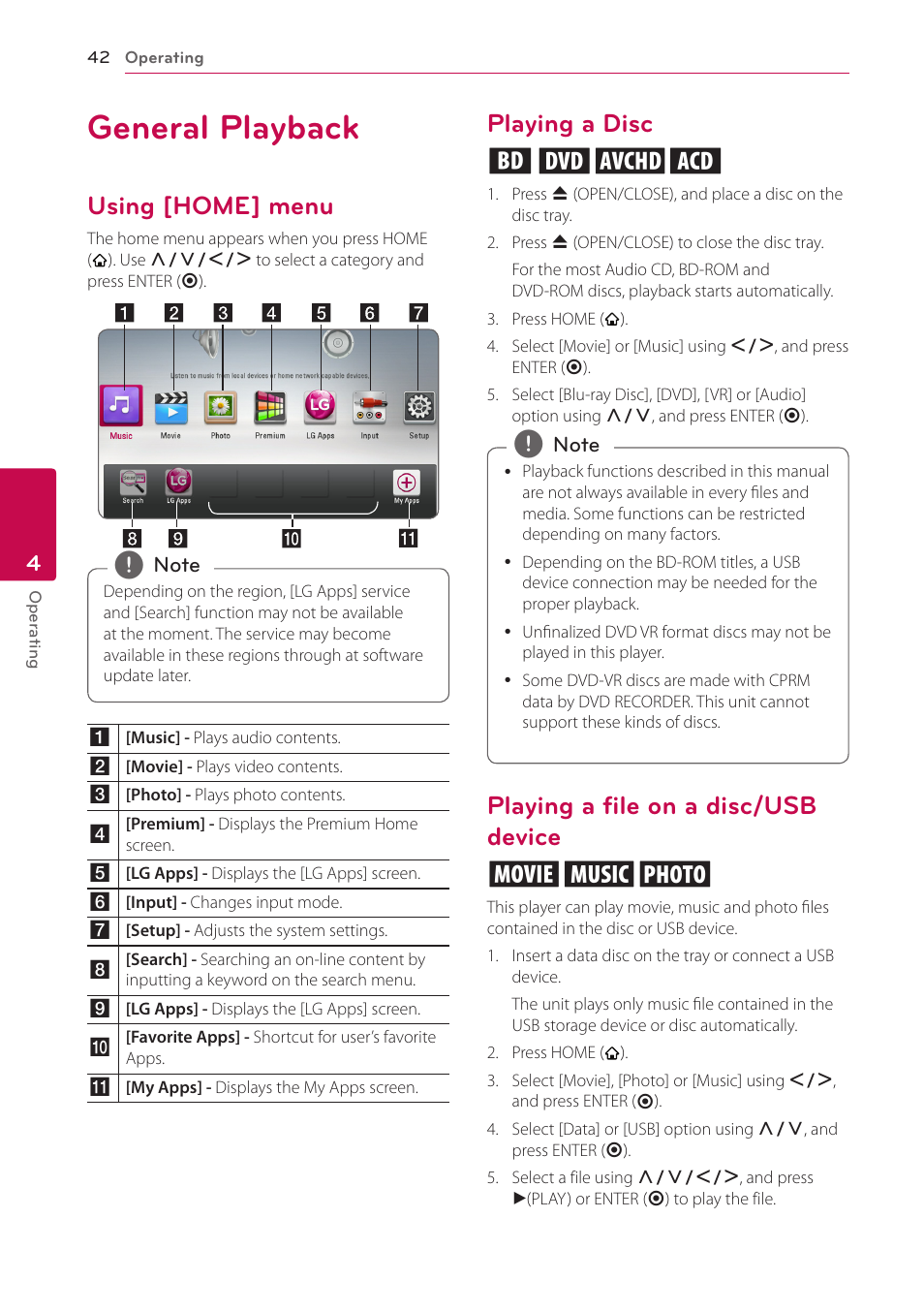 4 operating, General playback, Using [home] menu | Playing a disc, Playing a file on a disc/usb device, Playing a disc erot, Playing a file on a disc/usb device yui | LG BH6820SW User Manual | Page 42 / 77