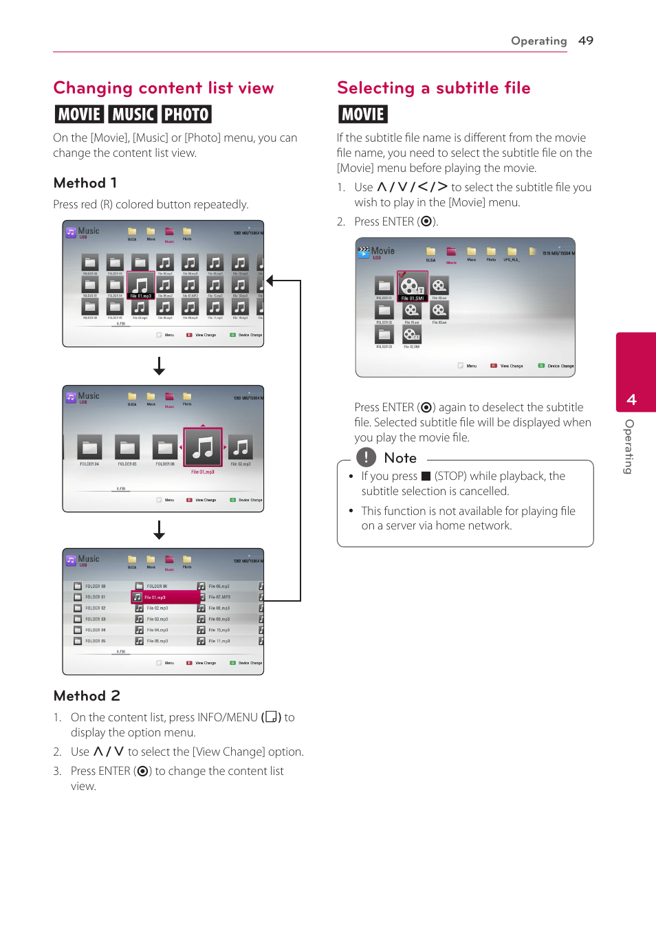 Changing content list view, Selecting a subtitle file, Changing content list view yui | Selecting a subtitle file y | LG BH6820SW User Manual | Page 49 / 77