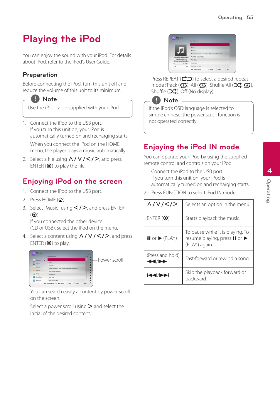 Playing the ipod, Enjoying ipod on the screen, Enjoying the ipod in mode | LG BH6820SW User Manual | Page 55 / 77