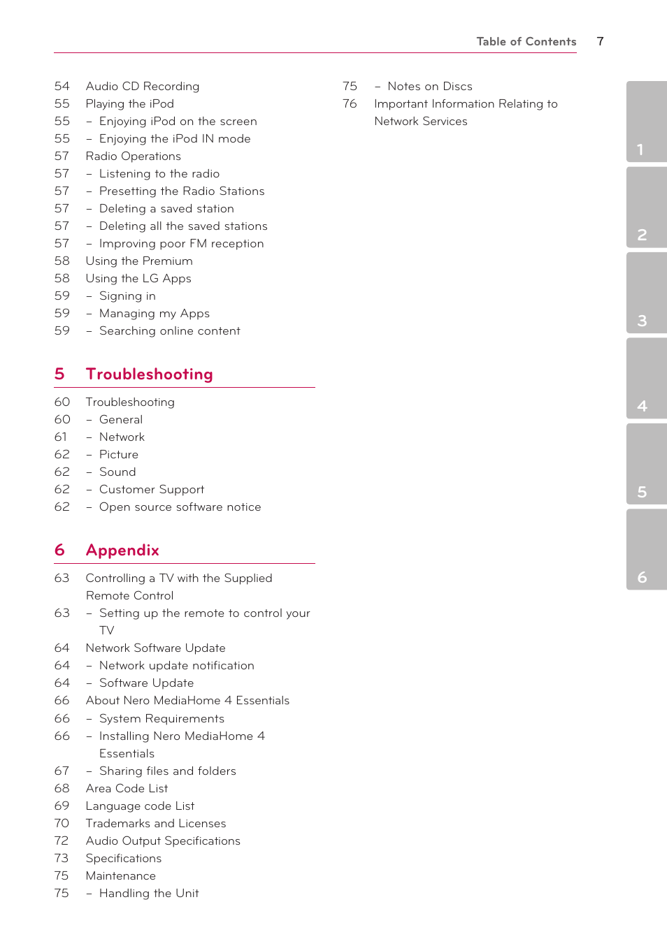 5 troubleshooting, 6 appendix | LG BH6820SW User Manual | Page 7 / 77