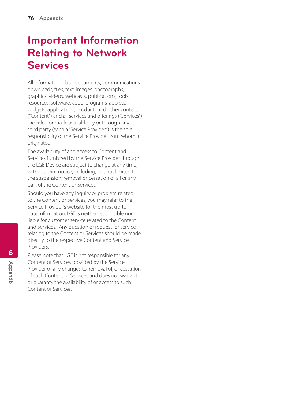 Important information relating to network services, 76 important information relating to, Network services | LG BH6820SW User Manual | Page 76 / 77