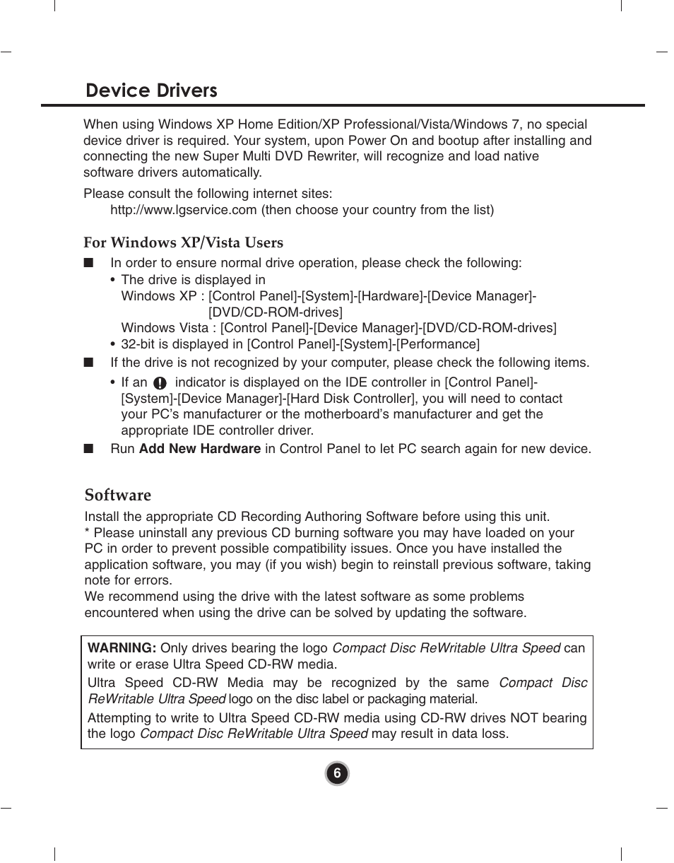 Device drivers, Software | LG GH24NS90 User Manual | Page 9 / 13