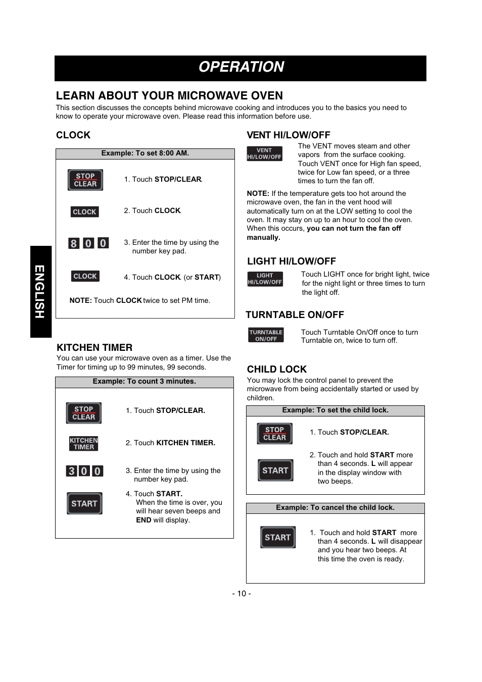 Operation, English, Learn about your microwave oven | Kitchen timer, Clock, Vent hi/low/off, Light hi/lo w/off, Turntable on/off, Child lock | LG MVH1670ST User Manual | Page 10 / 30