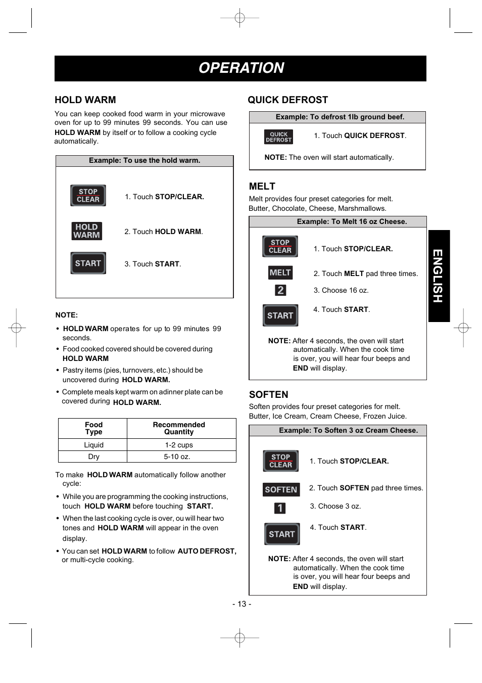 Operation, English, Hold warm | Melt, Soften, Quick defrost | LG MVH1670ST User Manual | Page 13 / 30