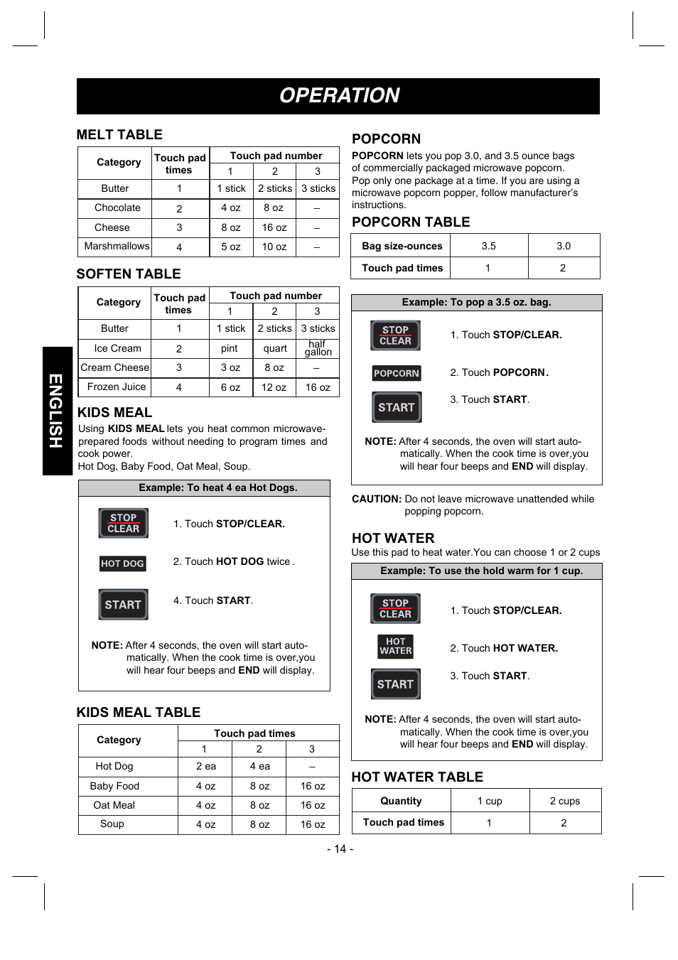 Operation, English, Popcorn | Popcorn table, Hot water, Melt table soften table, Kids meal, Kids meal table, Hot water table | LG MVH1670ST User Manual | Page 14 / 30