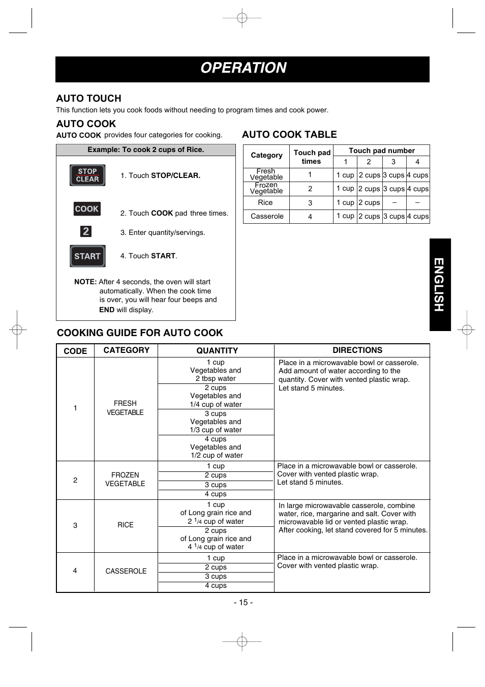 Operation, English, Auto cook | Cooking guide for auto cook, Auto cook table auto touch | LG MVH1670ST User Manual | Page 15 / 30