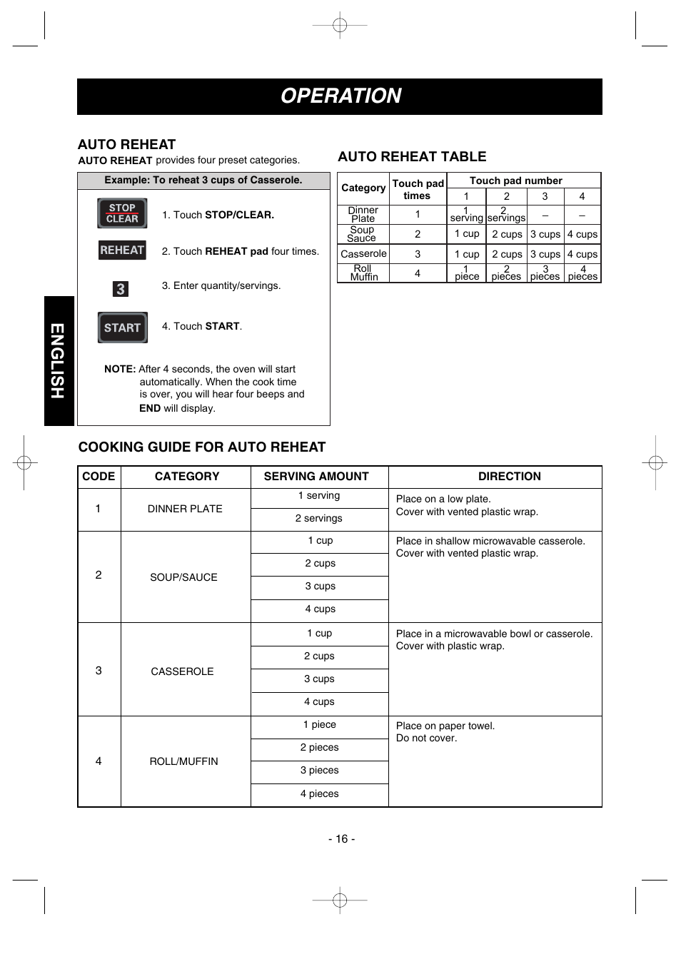 Operation, English, Auto reheat | Cooking guide for auto reheat, Auto reheat table | LG MVH1670ST User Manual | Page 16 / 30