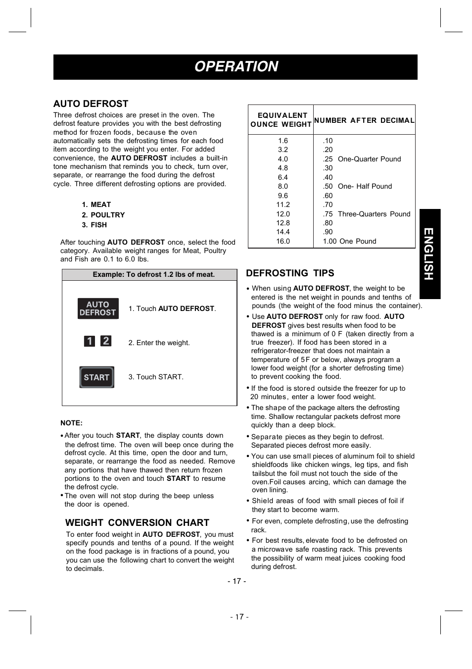 Operation, English, Auto defrost | Defrosting tips, Weight conversion chart | LG MVH1670ST User Manual | Page 17 / 30