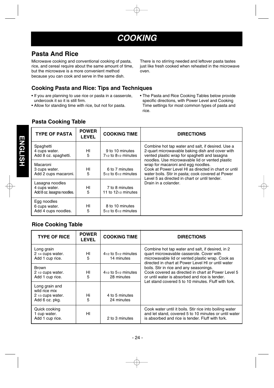 Cooking, English, Pasta and rice | Cooking pasta and rice: tips and techniques, Pasta cooking table, Rice cooking table | LG MVH1670ST User Manual | Page 24 / 30