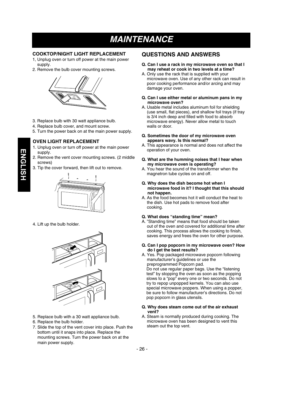 Maintenance, English, Questions and answers | LG MVH1670ST User Manual | Page 26 / 30