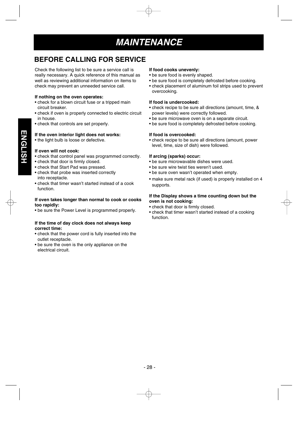 Maintenance, English, Before calling for service | LG MVH1670ST User Manual | Page 28 / 30