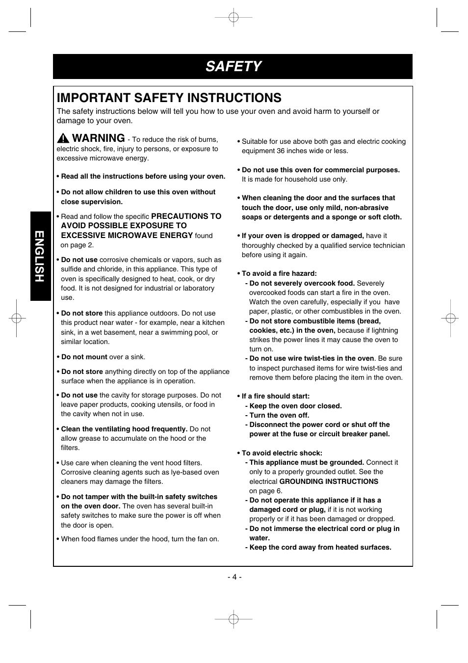 Safety, Important safety instructions, English | Warning | LG MVH1670ST User Manual | Page 4 / 30