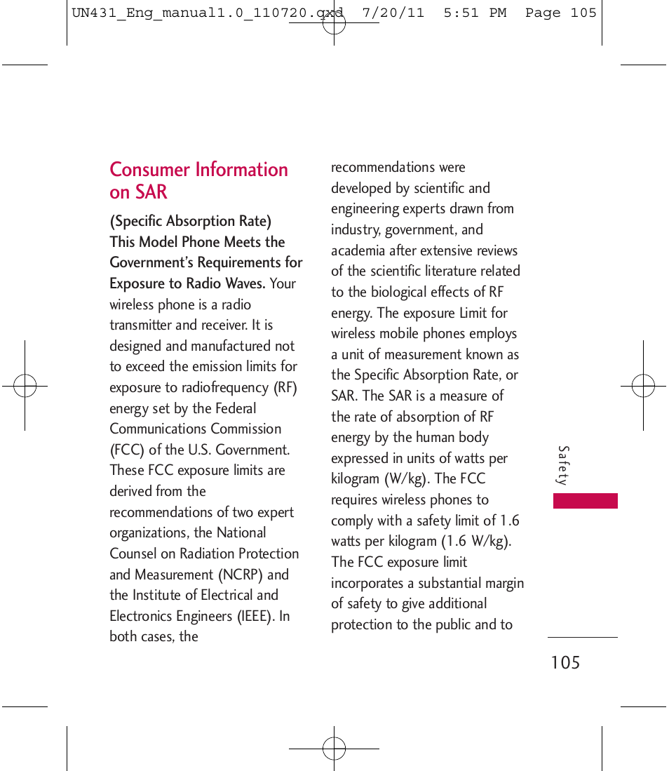 Consumer information on sar | LG LGUN430 User Manual | Page 107 / 245