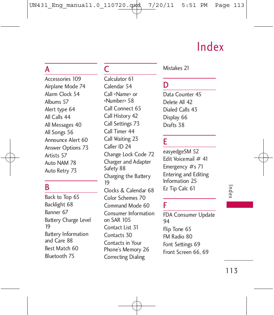 Index | LG LGUN430 User Manual | Page 115 / 245