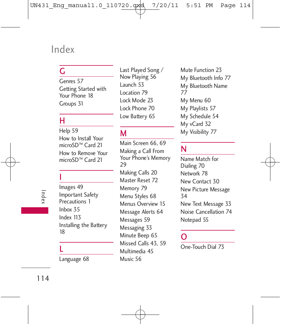 Index | LG LGUN430 User Manual | Page 116 / 245
