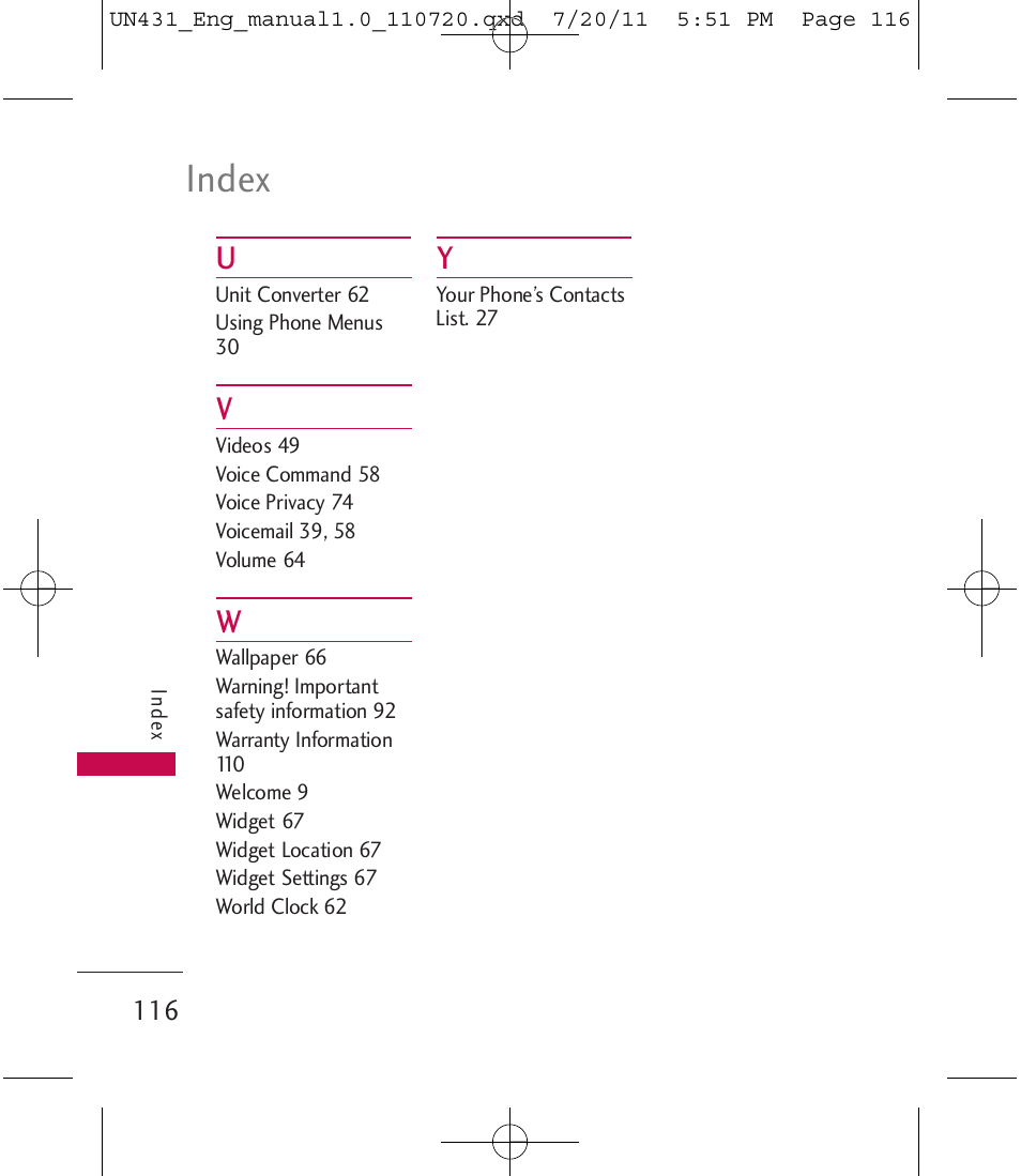 Index | LG LGUN430 User Manual | Page 118 / 245