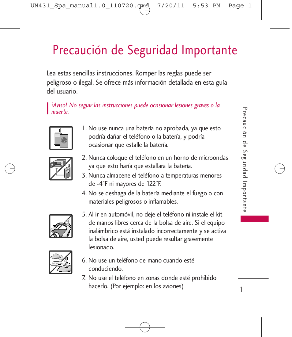 Precaución de seguridad importante | LG LGUN430 User Manual | Page 120 / 245