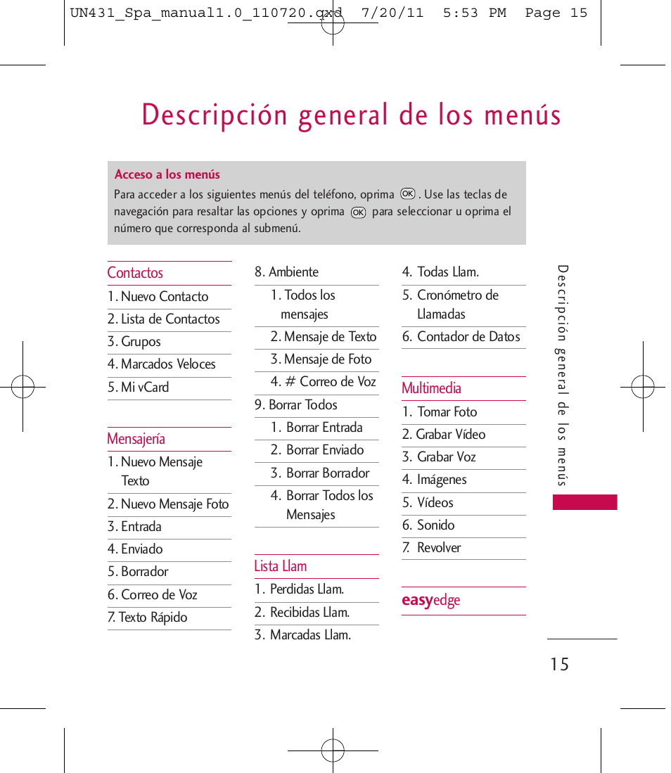 Descripción general de los menús, Easy | LG LGUN430 User Manual | Page 134 / 245
