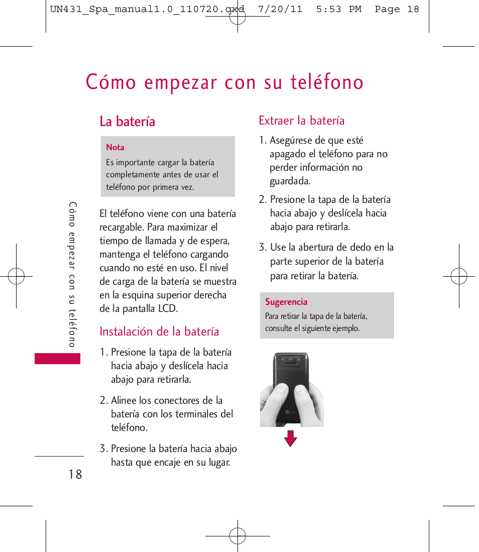 Cómo empezar con su teléfono, La batería | LG LGUN430 User Manual | Page 137 / 245