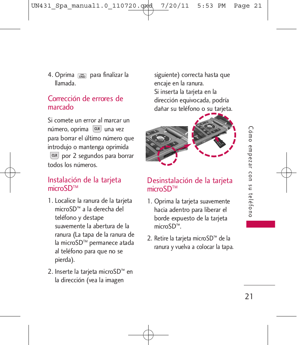 Corrección de errores de marcado, Instalación de la tarjeta microsd, Desinstalación de la tarjeta microsd | LG LGUN430 User Manual | Page 140 / 245