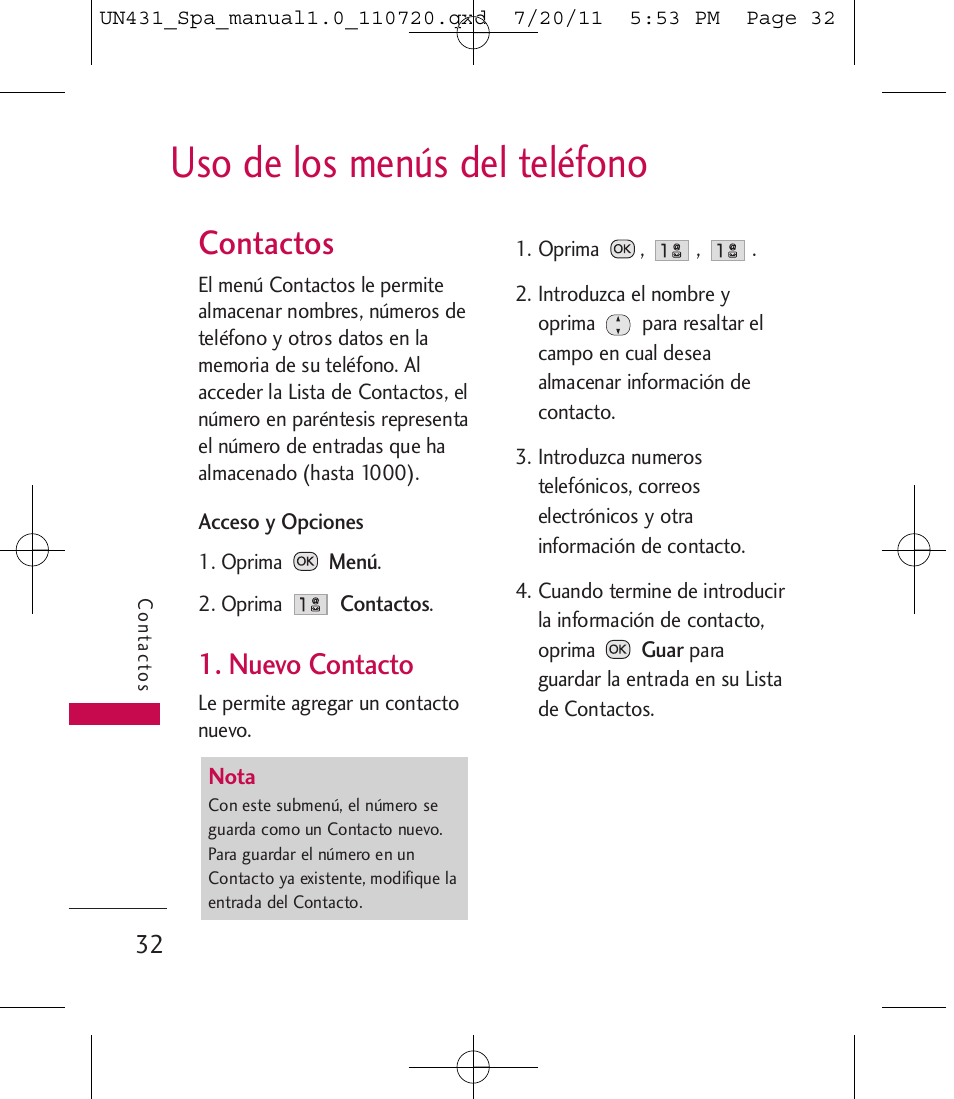 Uso de los menús del teléfono, Contactos, Nuevo contacto | LG LGUN430 User Manual | Page 151 / 245
