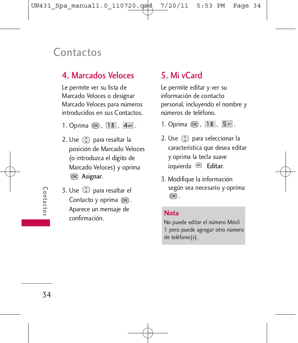 Contactos, Marcados veloces, Mi vcard | LG LGUN430 User Manual | Page 153 / 245