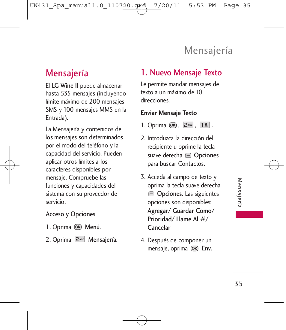 Mensajería, Nuevo mensaje texto | LG LGUN430 User Manual | Page 154 / 245