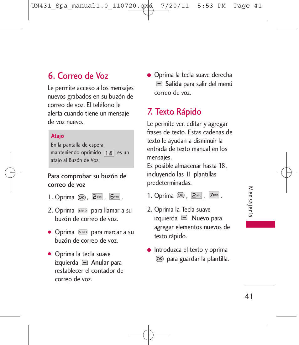 Correo de voz, Texto rápido | LG LGUN430 User Manual | Page 160 / 245